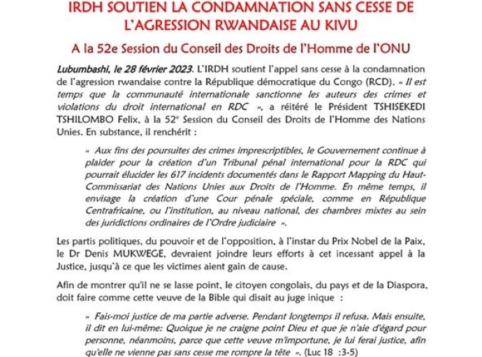 52ème session du Conseil des Droits de l’Homme de l’Onu, Agression rwandaise : l’IRDH hausse le ton !