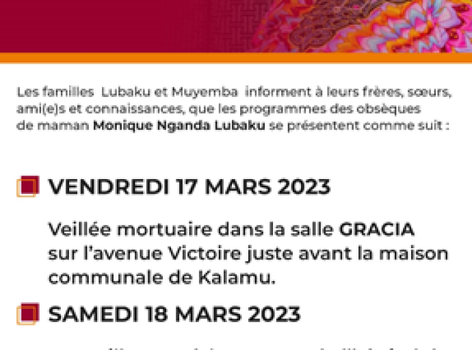 Défunte mère du Révérend Prophète Vladimir Lubaku : Adieu, Maman Monique Nganda Lubaku !