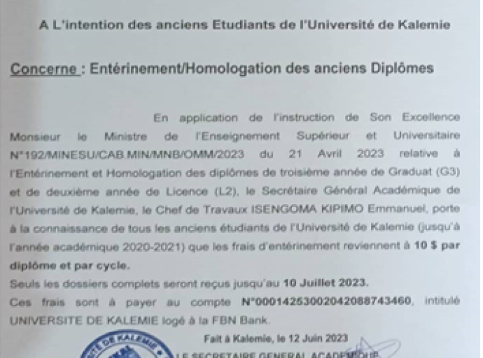 Entérinement ou l’homologation des anciens diplômes, Université de Kalemie : de nouvelles dispositions édictées  