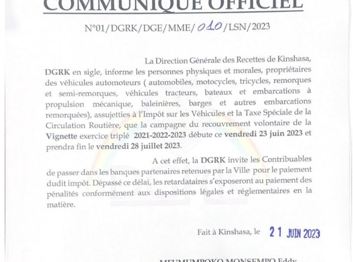 Lancement aujourd’hui de la Campagne de recouvrement volontaire, La DGRK appelle à l’achat de la vignette ‘’exercice triplé’’ 2021, 2022 &amp; 2023