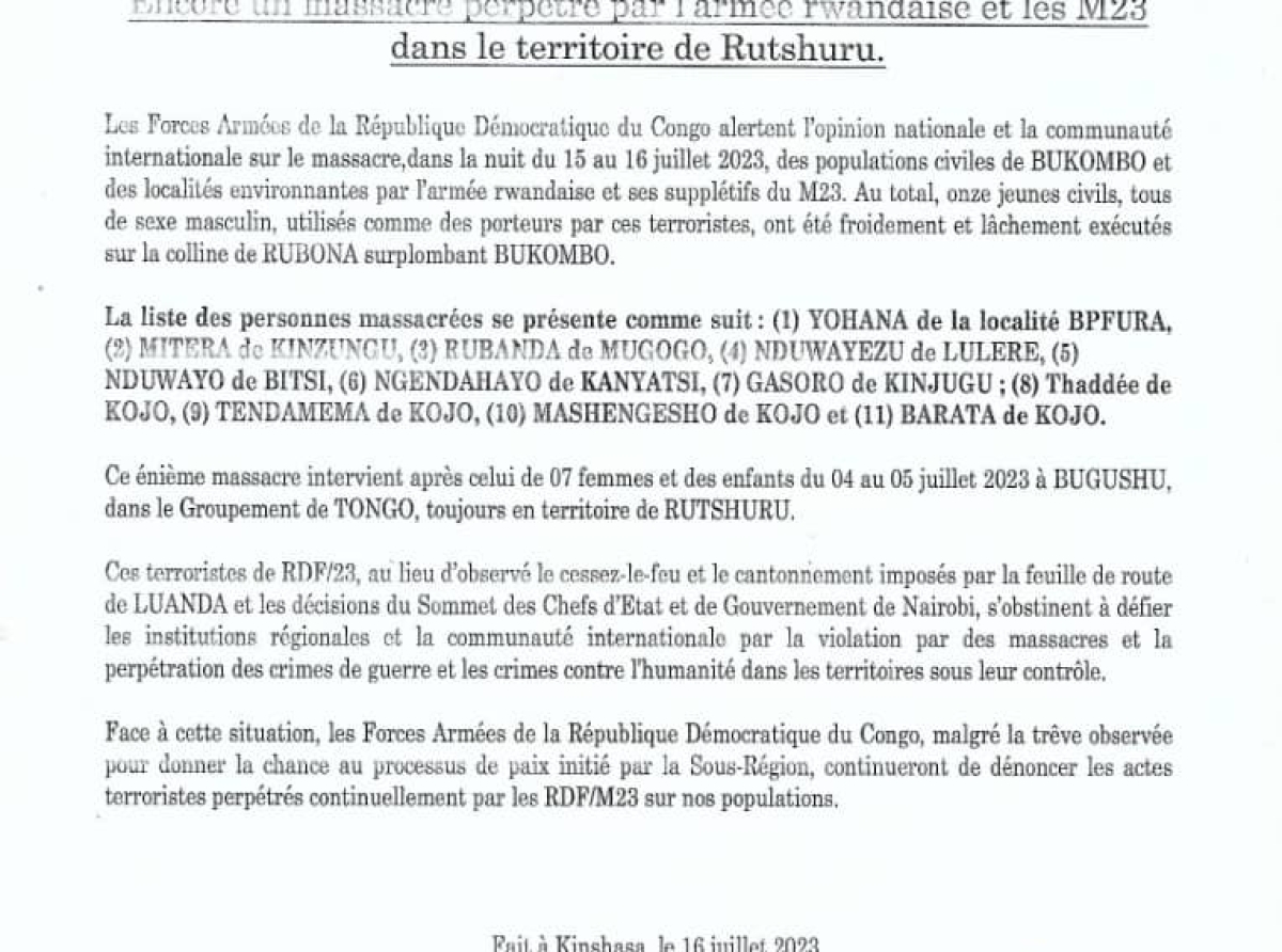 Rwanda-M23 : les FARDC dénoncent un nouveau massacre à Rubona et Bukombo dans le Rutshuru