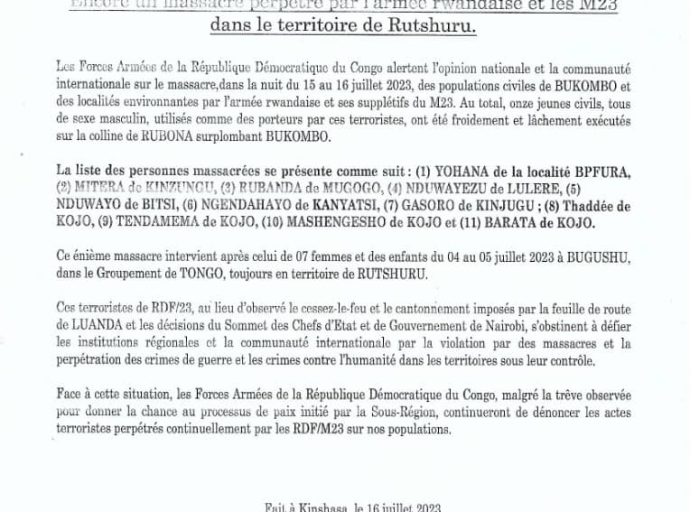 Rwanda-M23 : les FARDC dénoncent un nouveau massacre à Rubona et Bukombo dans le Rutshuru  