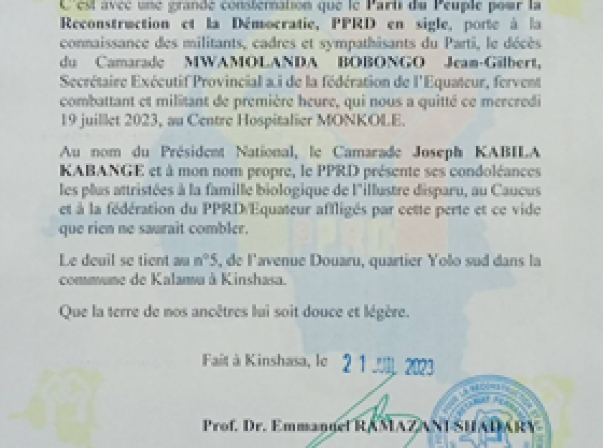 Jean-Gilbert Mwamolanda Bobongo : le PPRD rend hommage !