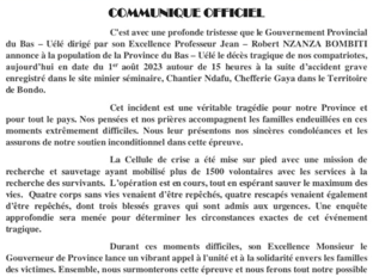 Bas-Uélé : 4 morts et plusieurs blessés dans un accident minier