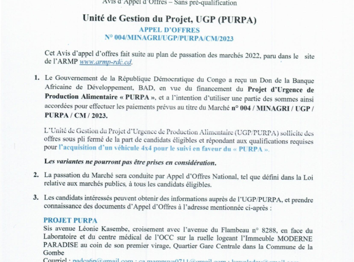 Avis d’Appel d’Offres – Sans pré-qualification