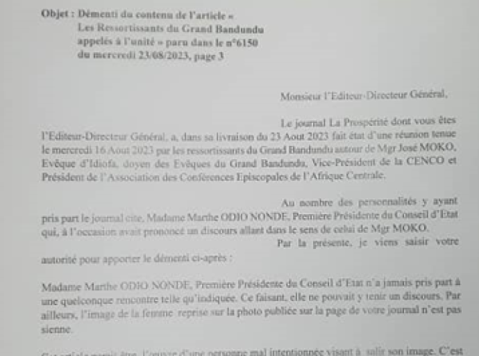 ‘’Les Ressortissants du Grand Bandundu appelés à l’unité’’ : Mme Marthe Odio Nonde dément sa participation à une quelconque réunion à l’Espace Kage à Limete autour de Mgr José Moko !