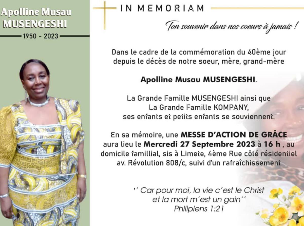 Mercredi 27 septembre 2023 , Apolline Musengeshi Musau : une messe d’actions de grâce confirmée à Kinshasa