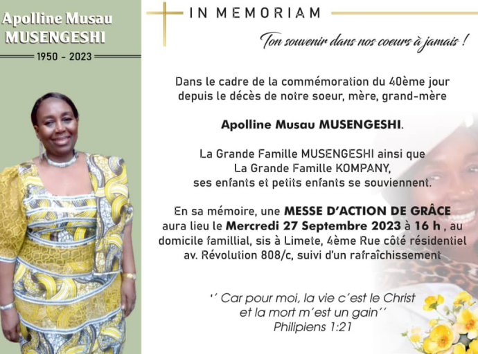 Mercredi 27 septembre 2023 , Apolline Musengeshi Musau : une messe d’actions de grâce confirmée à Kinshasa