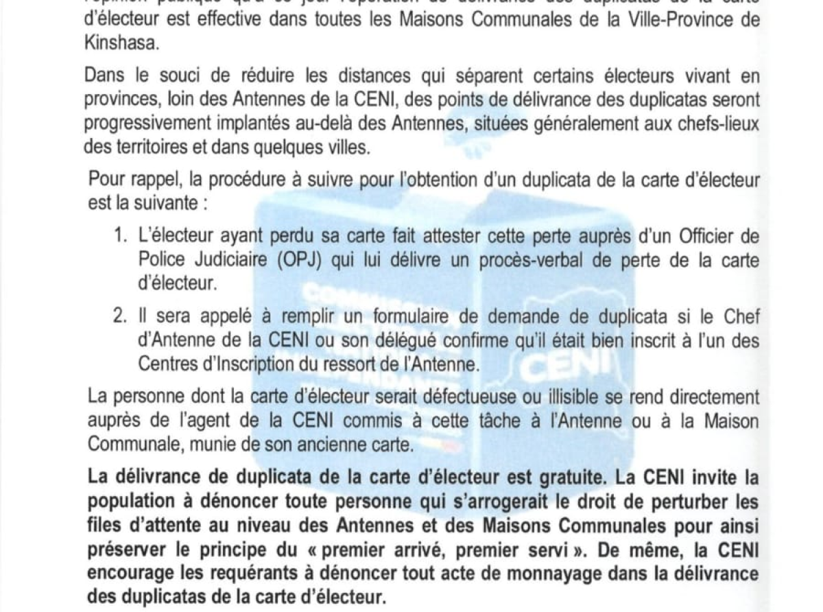 CENI : la délivrance de duplicata de la carte d’électeur  est gratuite 