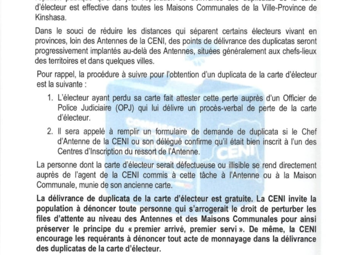 CENI : la délivrance de duplicata de la carte d’électeur  est gratuite 