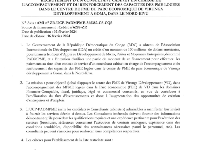 AVIS DE SOLLICITATION DE MANIFESTATION D’INTERET