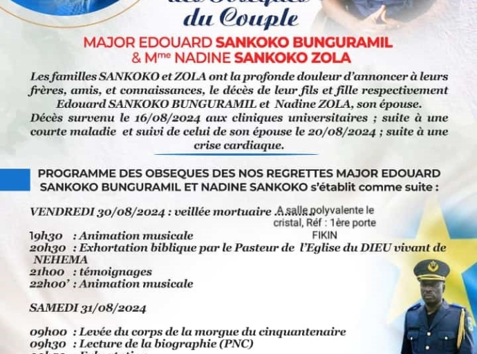 Couple Edouard Sankoko Bunguramil : voici le programme des obsèques ! 	