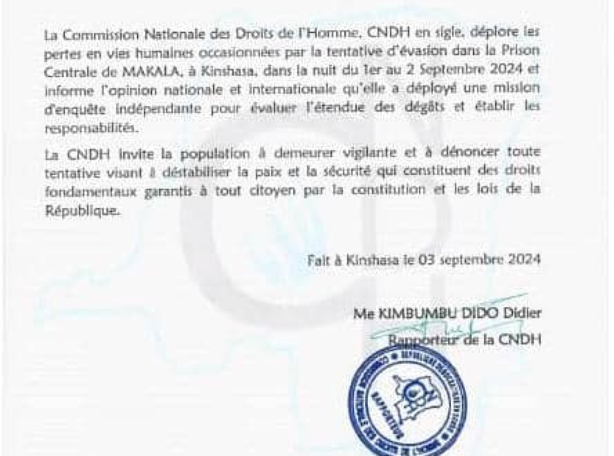 Evaluer l'étendue des dégâts et établir les responsables, Prison centrale de Makala : la CNDH déploie une mission d’enquête indépendante