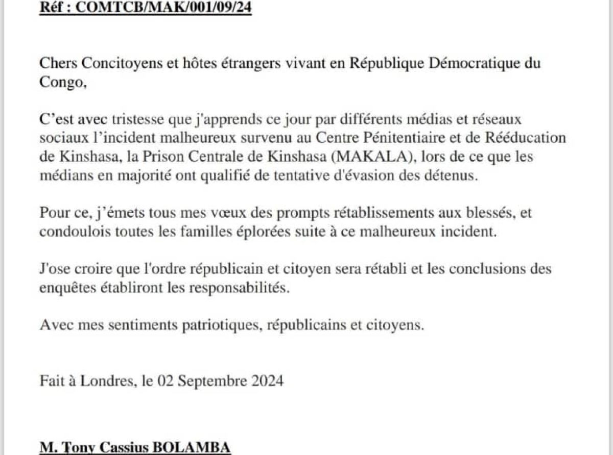 Tentative d’évasion à la Prison Centrale de Makala, RDC : Tony Cassius Bolamba appelle à l’établissement rapide des responsabilités !