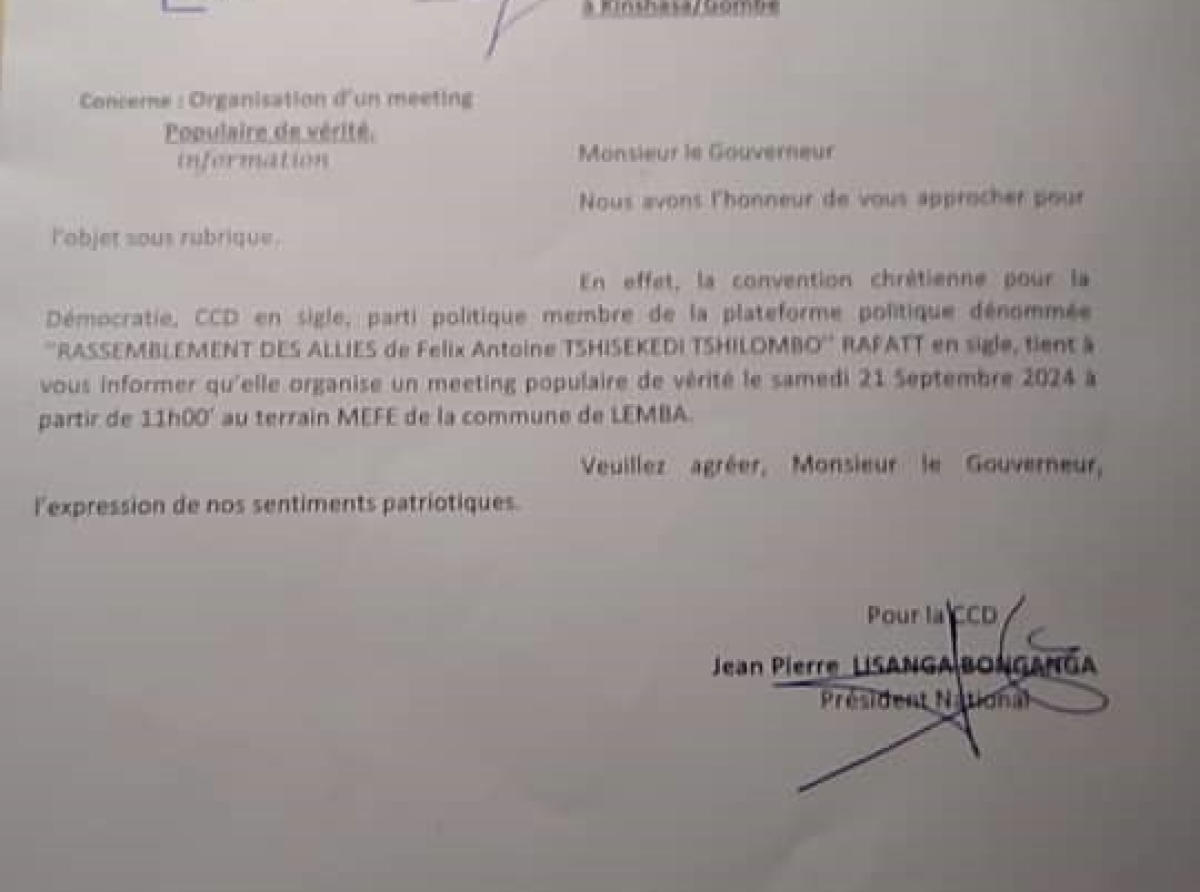 Samedi 21 septembre 2024 : Lisanga Bonganga et le RAFATT en meeting populaire sur le terrain MEFE dans la commune de Lemba