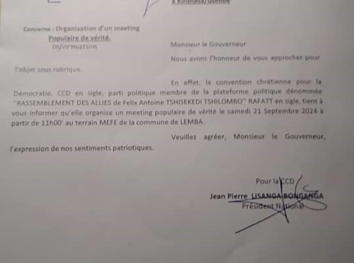 Samedi 21 septembre 2024 : Lisanga Bonganga et le RAFATT en meeting populaire sur le terrain MEFE dans la commune de Lemba