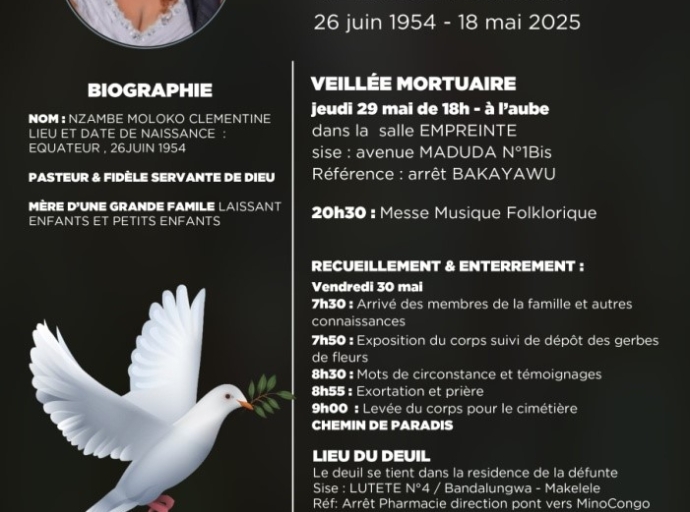 Clémentine Nzambe Moloko : voici le programme des obsèques !
