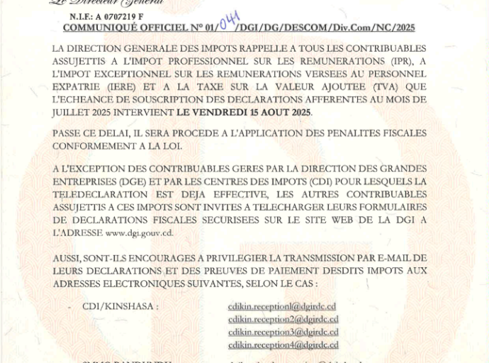COMMUNIQUE OFFICIEL N° 01/041/DGI/DG/DESCOM/Div.Com/NC/2025