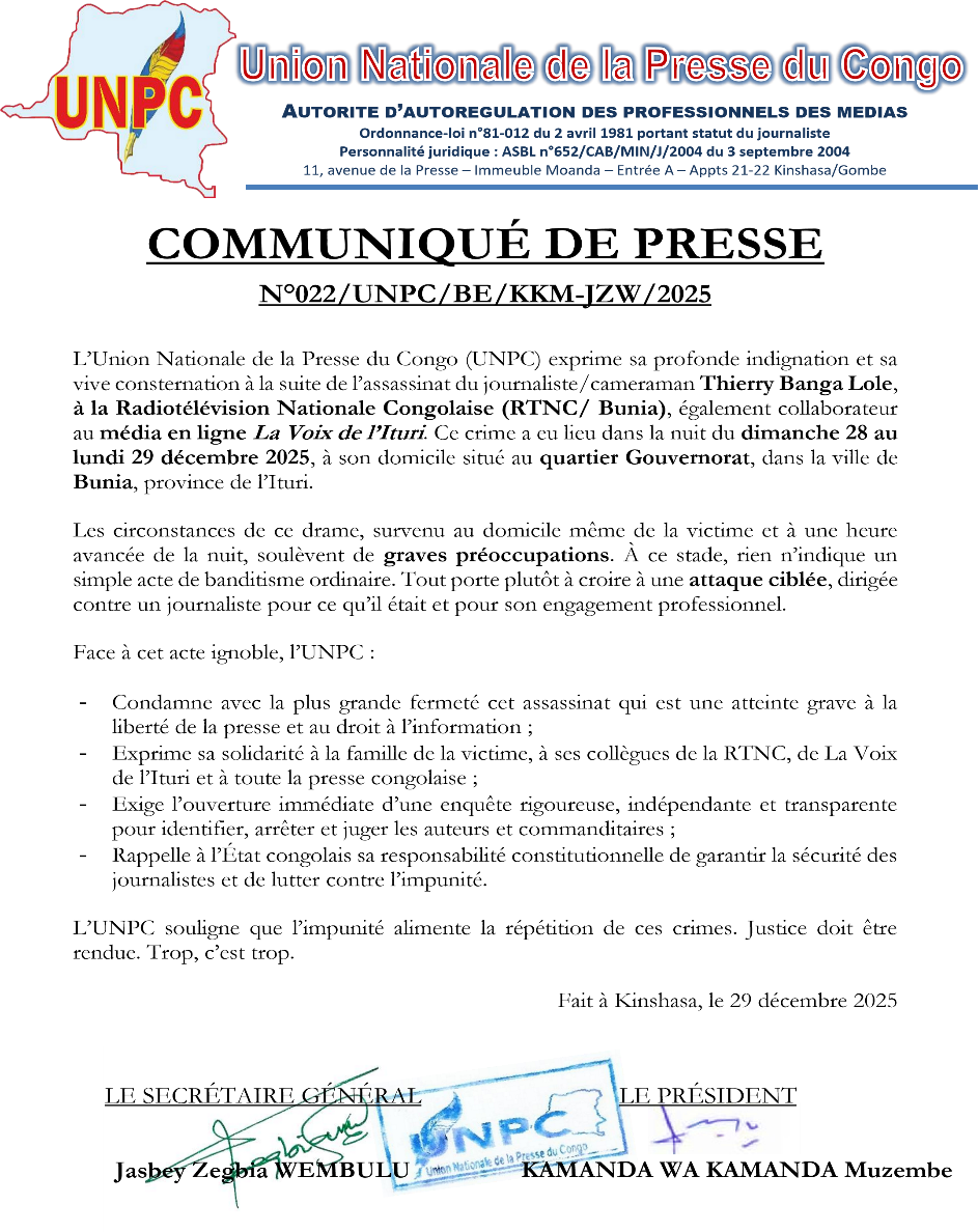 Assassinat de Thierry Banga Lole : l’UNPC dénonce une attaque ciblée !