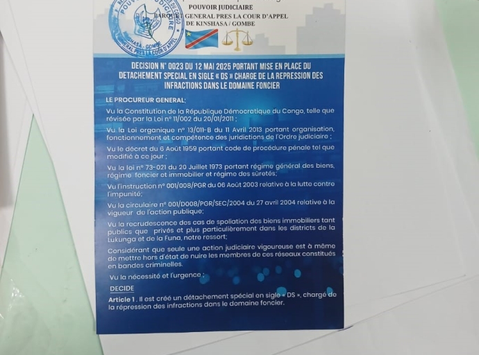 Cour d’appel de Kinshasa/Gombe : le PG Jean Placide Lusamba crée un Détachement spécial pour réprimer la criminalité foncière et financière